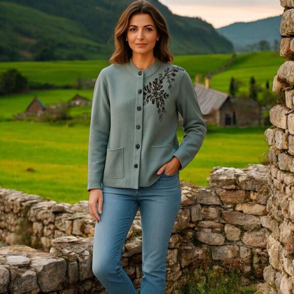 Castle Of Ireland Wool Blend Knit Jacket US14 EU40 Green Irish Floral Cardigan - Picture 1 of 13